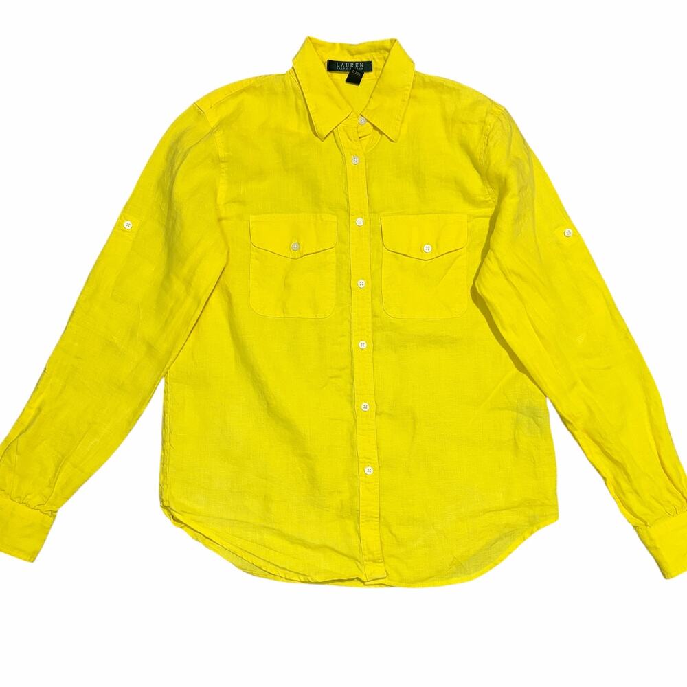 Lauren Ralph Lauren Womens 100% Linen Button Up Vibrant Preppy Pockets Yellow S - Picture 2 of 8